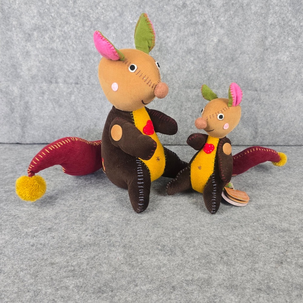 NWT Kangaroo Plush Decor Set Brown Corduroy Patchwork Whimsical Shelf Sitter